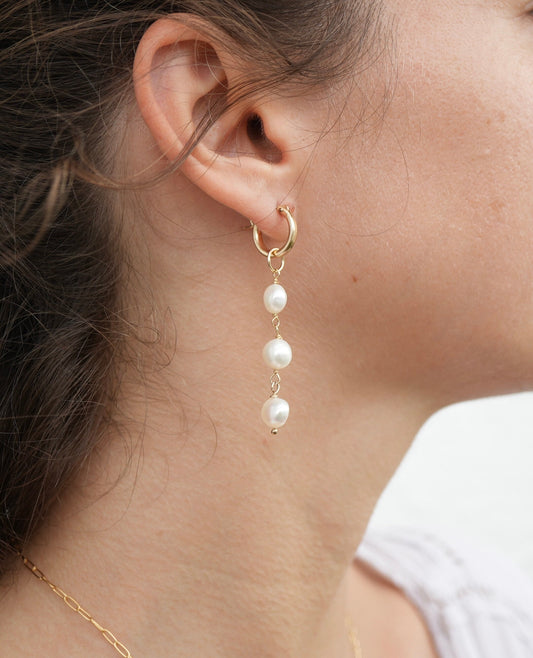 Serenity Tier Pearl Dangling Freshwater Pearl Earrings || 14K Gold Filled Pearl Earrings || Pearl Hoops || Pearl Earrings || Bridal Jewelry
