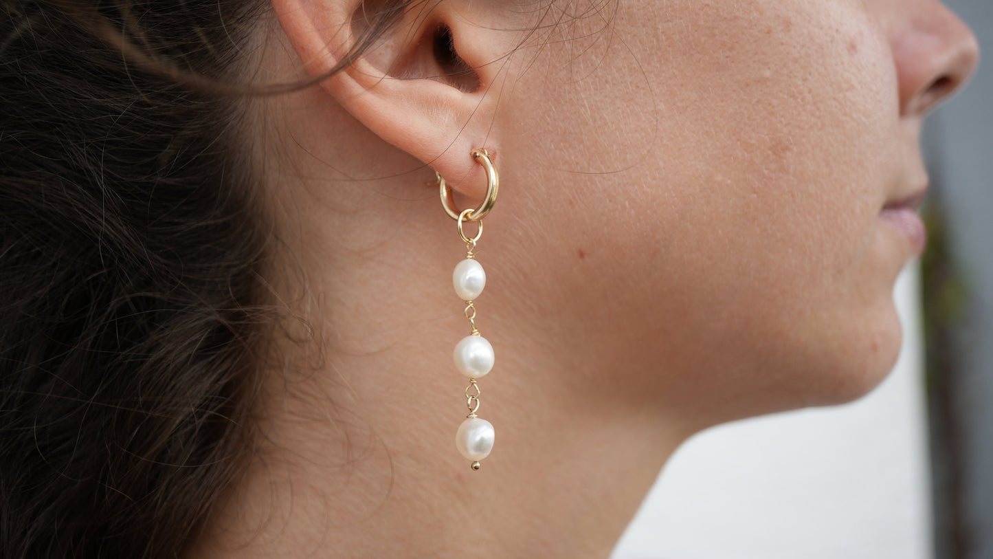 Serenity Tier Pearl Dangling Freshwater Pearl Earrings || 14K Gold Filled Pearl Earrings || Pearl Hoops || Pearl Earrings || Bridal Jewelry