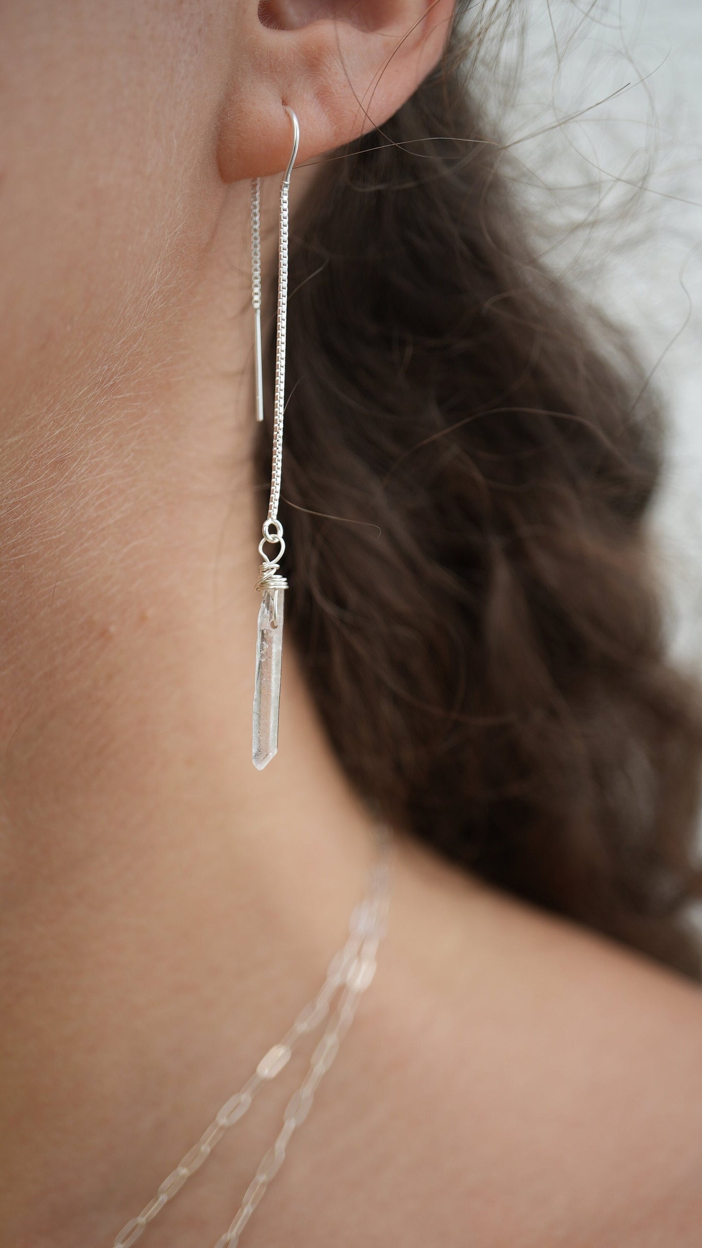 Rough Quartz Threaders | Dainty Ear Thread Earrings | Clear Quartz Earrings Silver, Festival Jewelry | Everyday Raw Quartz Threaders