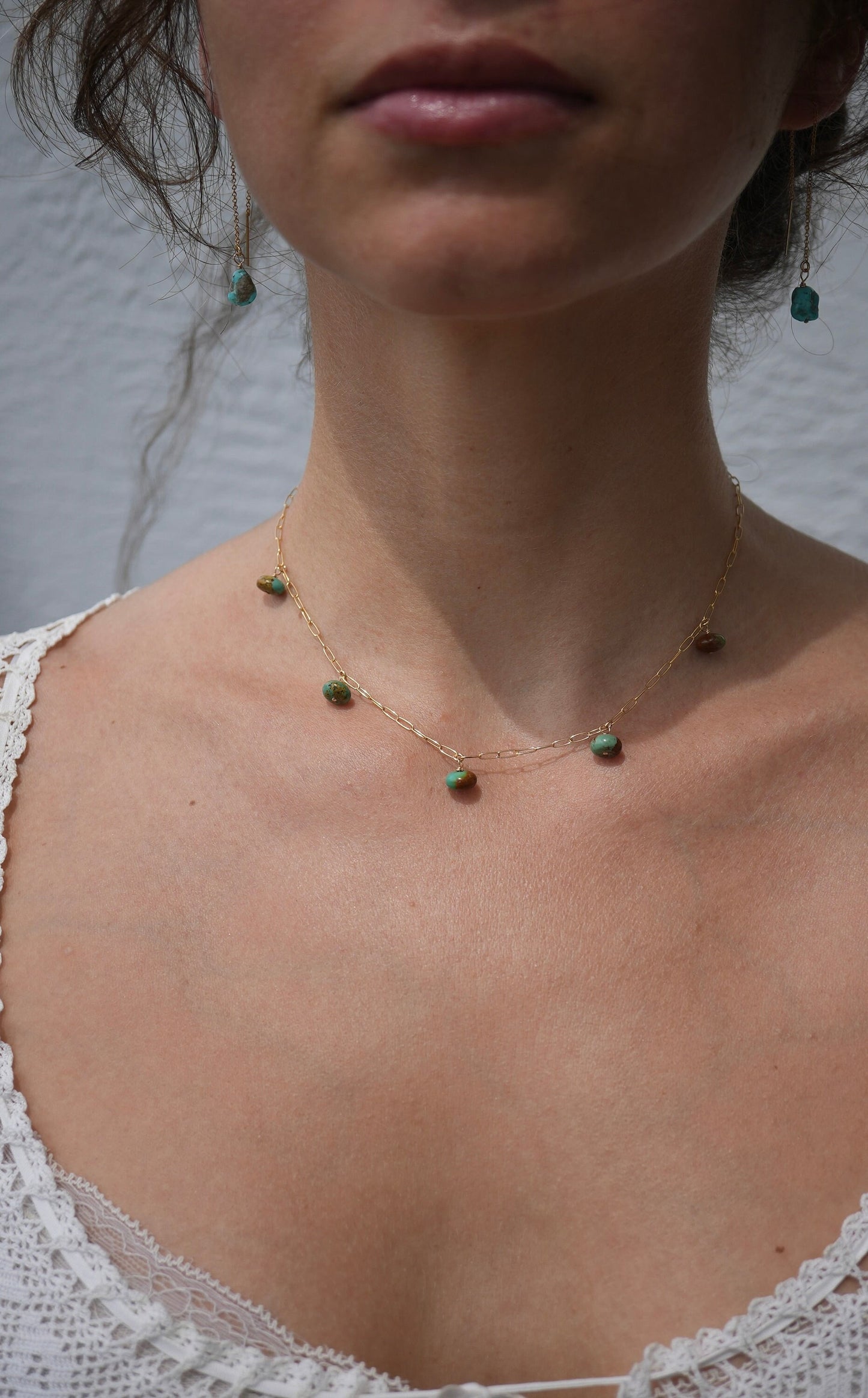 Turquoise Dangling Choker Necklace || Paperclip Chain Turquoise Necklace || Raindrop Necklace || Collar Layering Necklace