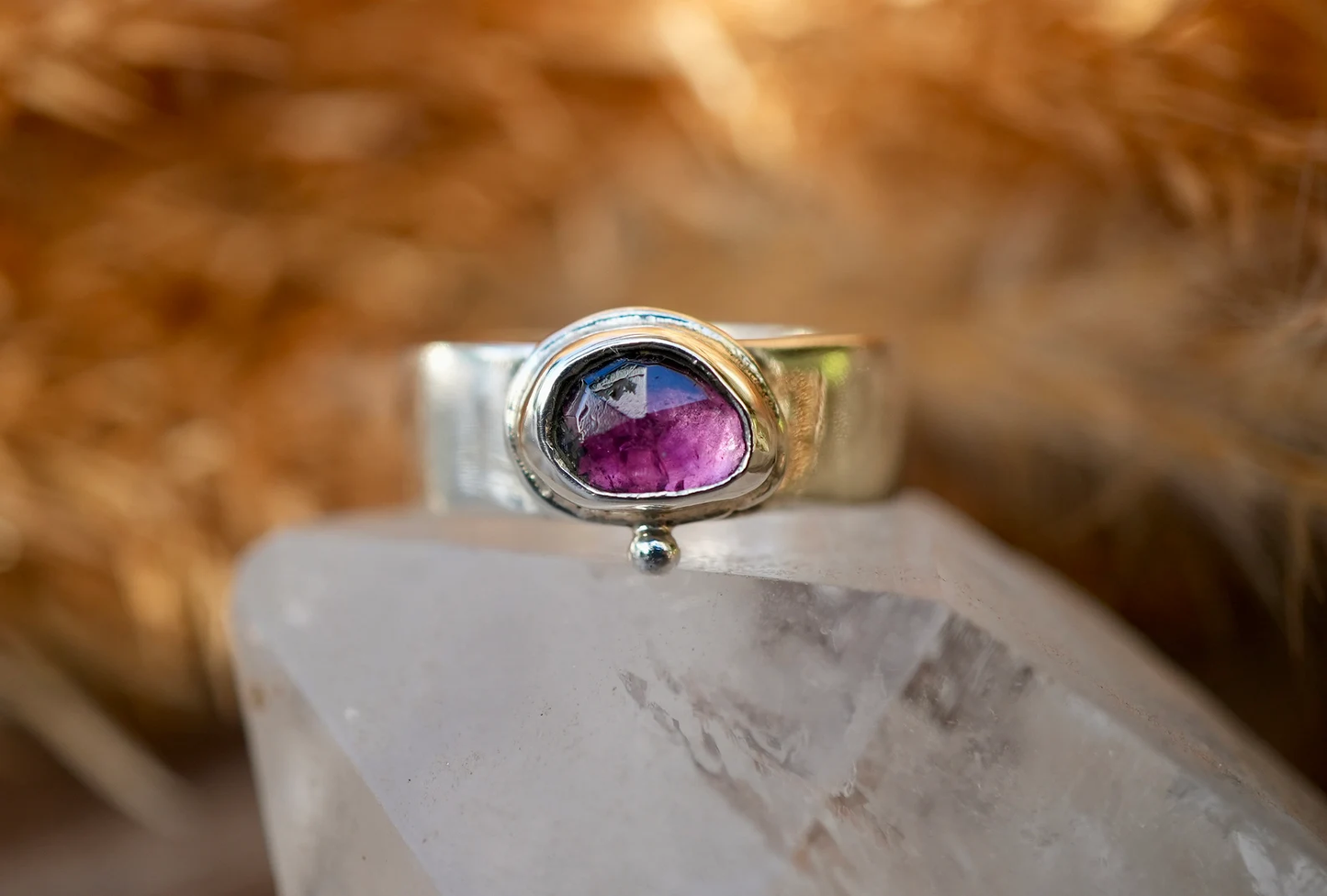 925 Silver Watermelon Tourmaline Statement Ring || Boho Pink Tourmaline Ring ||  Rose Cut watermelon Tourmaline