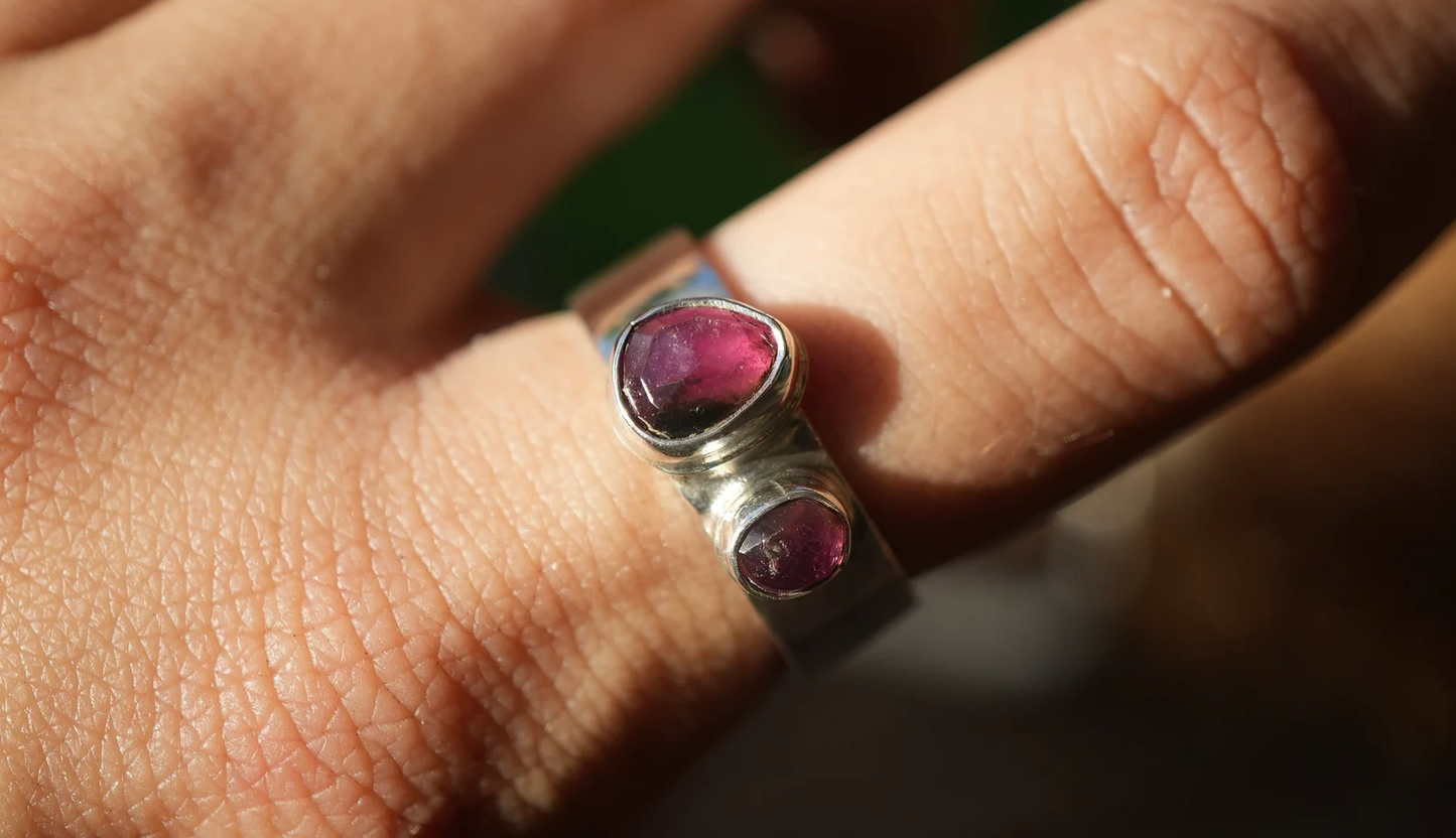 Watermelon Tourmaline two stone Ring || Statement Ring || Pink Tourmaline Ring || Green Tourmaline Rose Cut
