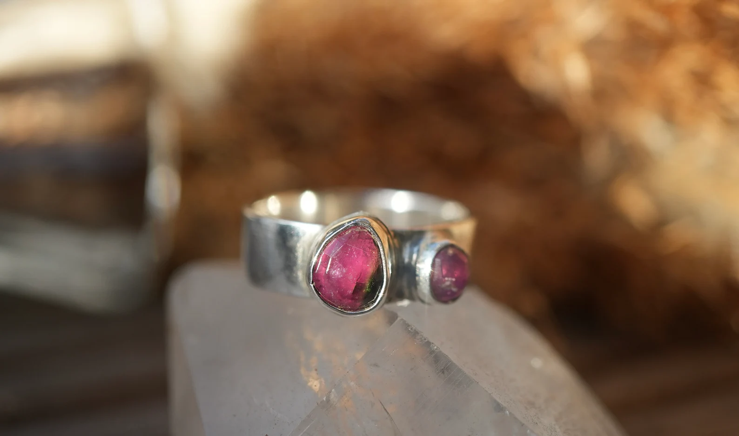 Watermelon Tourmaline two stone Ring || Statement Ring || Pink Tourmaline Ring || Green Tourmaline Rose Cut