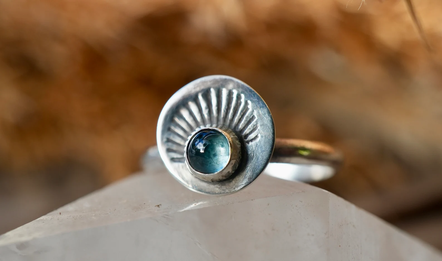 Blue Topaz Sunburst Silver Ring
