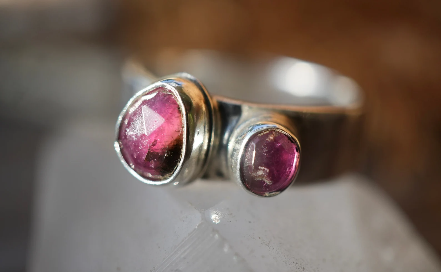Watermelon Tourmaline two stone Ring || Statement Ring || Pink Tourmaline Ring || Green Tourmaline Rose Cut