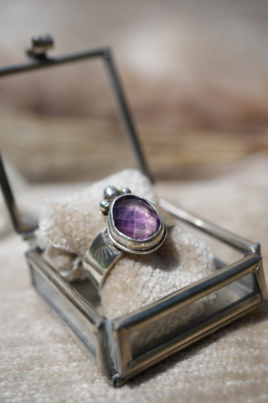 Sterling Silver Amethyst Faceted Ring || Aquarius February Birthstone || Rose Cut Amethyst Stone || Sterling Silver Ring || Bohemian Ring