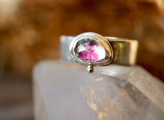 925 Silver Watermelon Tourmaline Statement Ring || Boho Pink Tourmaline Ring ||  Rose Cut watermelon Tourmaline