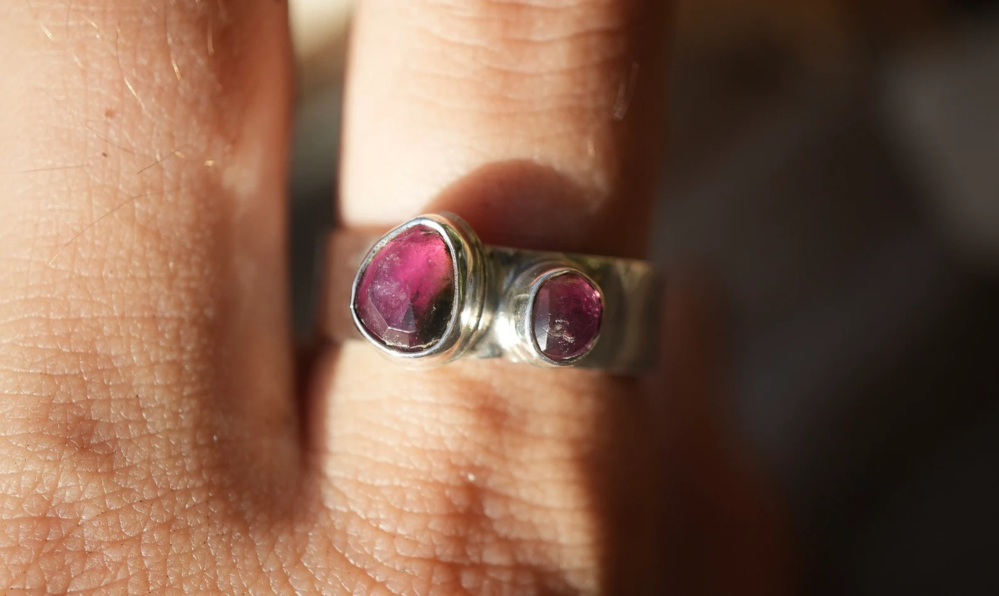 Watermelon Tourmaline two stone Ring || Statement Ring || Pink Tourmaline Ring || Green Tourmaline Rose Cut