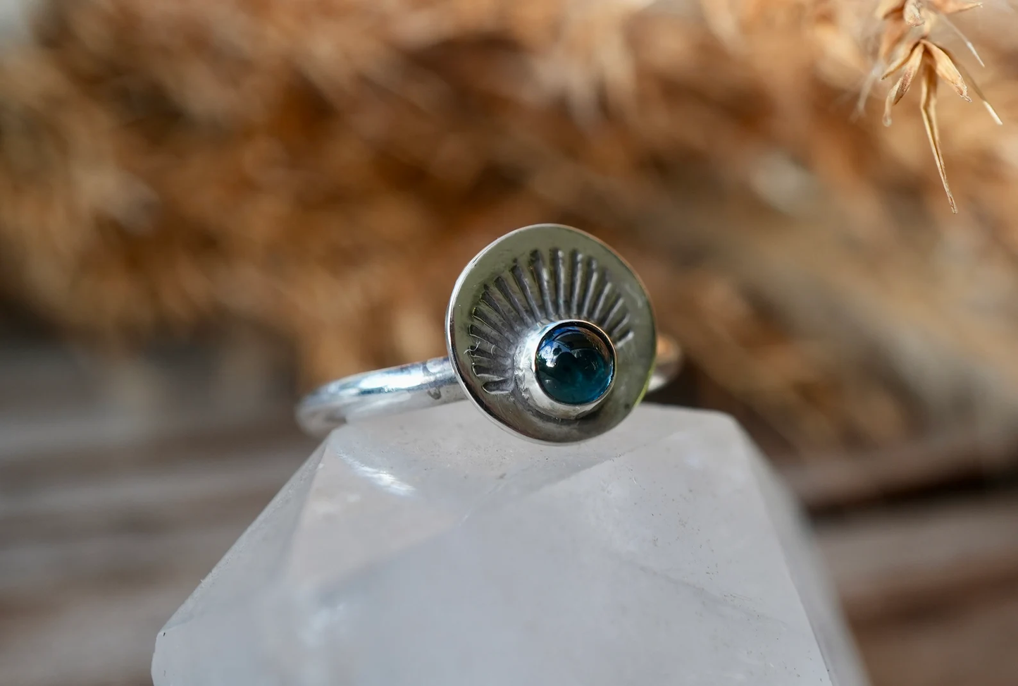 Blue Topaz Sunburst Silver Ring
