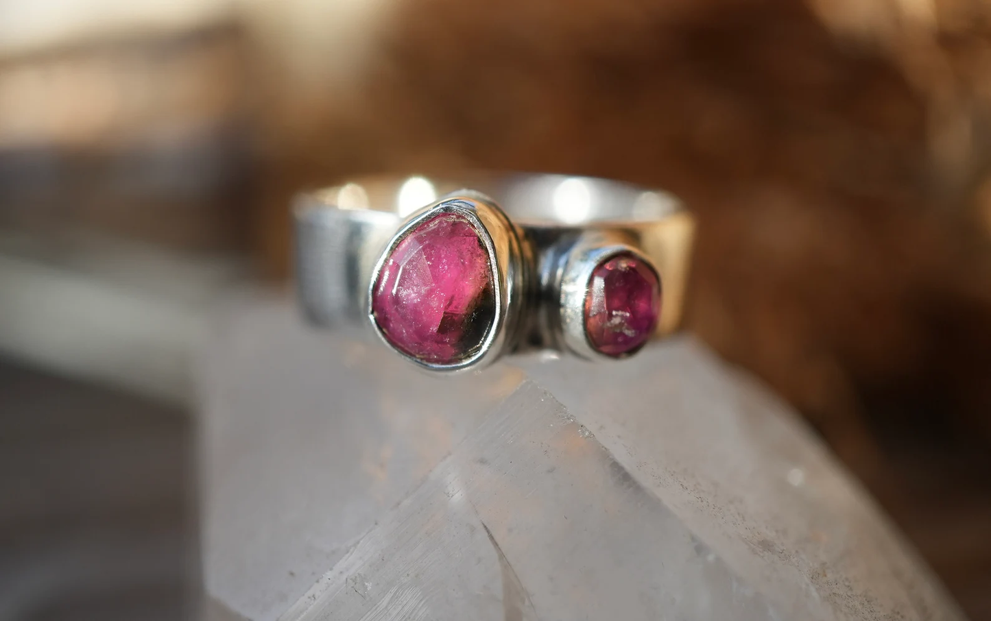 Watermelon Tourmaline two stone Ring || Statement Ring || Pink Tourmaline Ring || Green Tourmaline Rose Cut